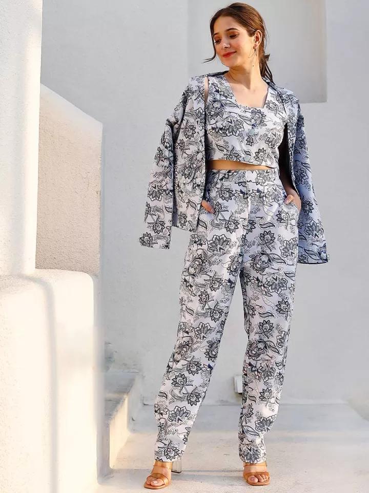 Floral Printed Crop Top With Trouser & Coat